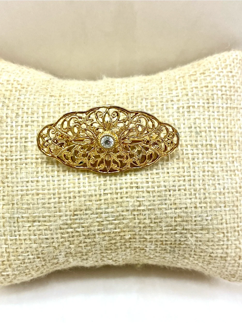 Vintage Gold Filigree Floral Brooch with Clear Crystal Accent